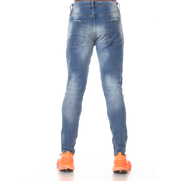 Light Blue Washed Fashion Jeans With Distress & Piping