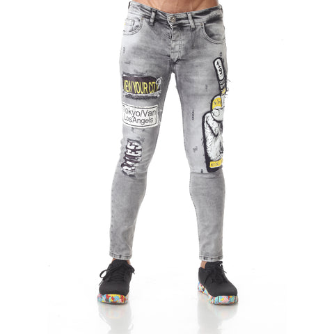 Grey Fashion Jeans With Peace Sign and Patches