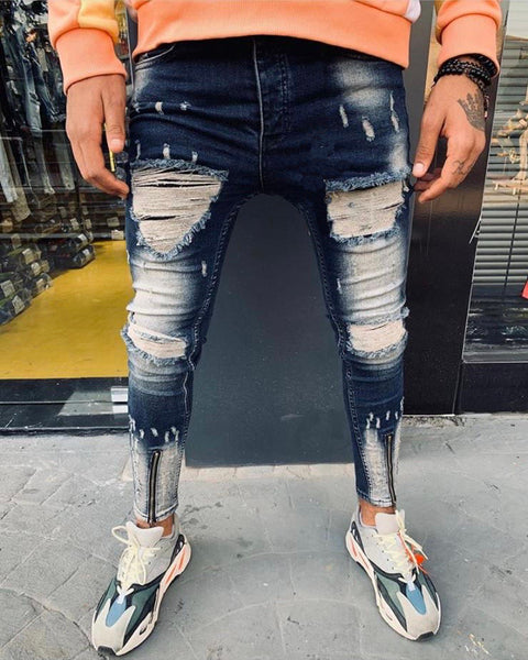 Washed Blue Jeans With Zipper on Ankle With Distress