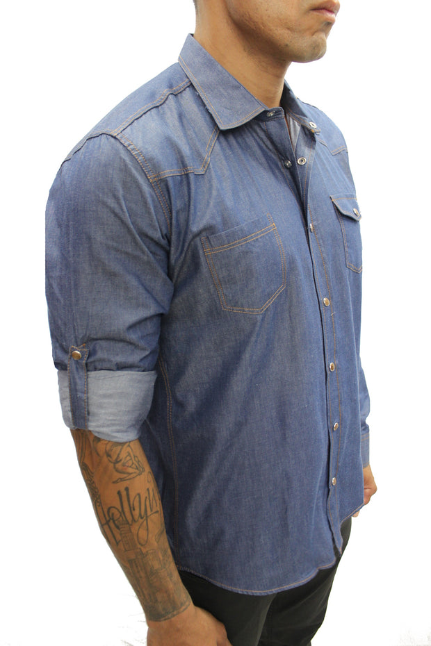 "Leo" Navy Long Sleeve Denim Shirt With Snap Buttons