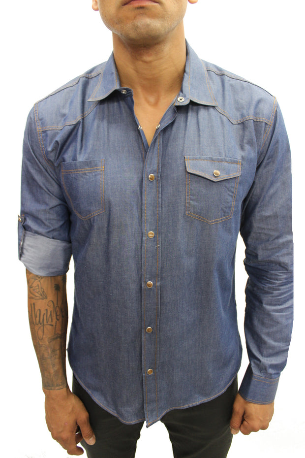 "Leo" Navy Long Sleeve Denim Shirt With Snap Buttons