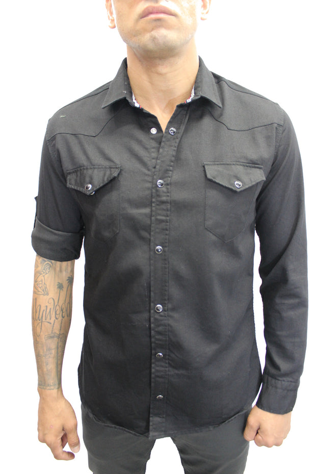 "Max" Black Long Sleeve Denim Shirt With Snap Buttons