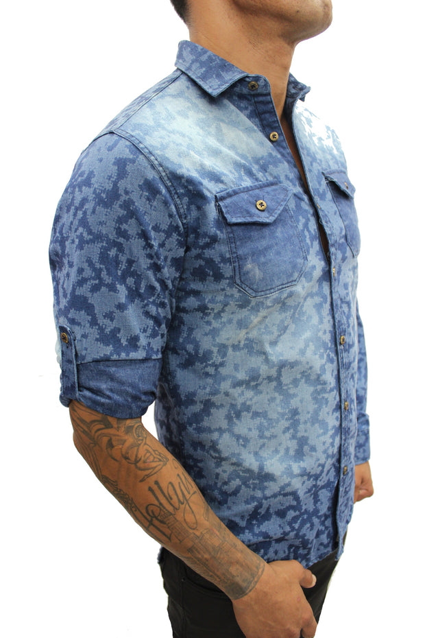"Toby" Blue Long Sleeve Extended Denim Shirt With Zipper On Back