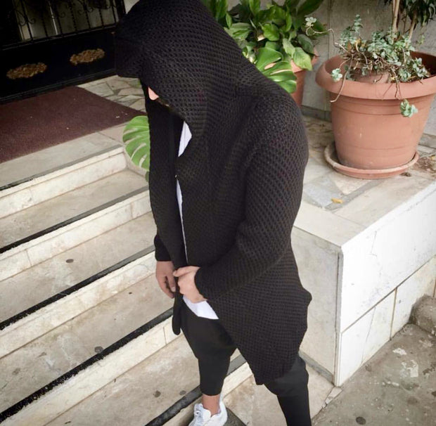 "Luca" Black Fashion Sweater Cardigan With Hood