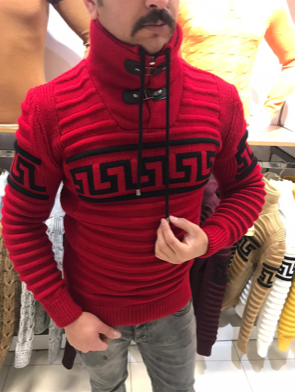 Red Long Sleeve Sweater Pull Over with Zipper On Neck