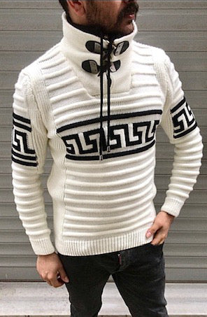 White Long Sleeve Sweater Pull Over with Zipper On Neck