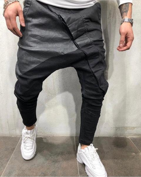 Black Drop Crotch Fashion Jeans With Oil Wax