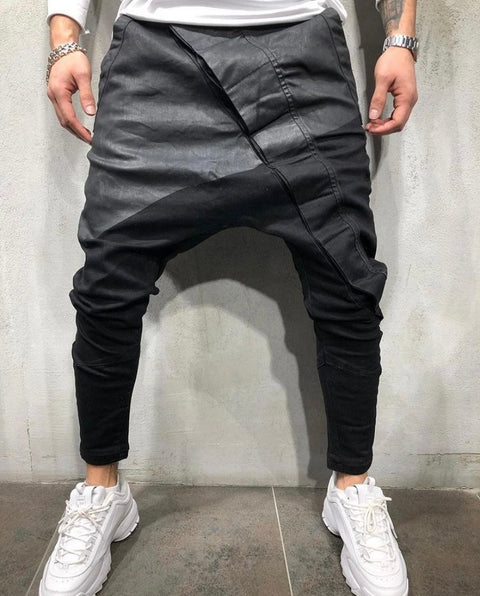 Black Drop Crotch Fashion Jeans With Oil Wax