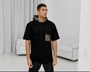 Black T-shirt With Foil Hoodie And Pocket