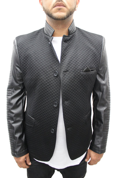 "Moein" Black Blazer With Leather Details On Sleeve And Collar
