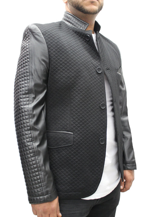 "Moein" Black Blazer With Leather Details On Sleeve And Collar