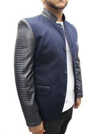 "Moein" Navy Blue Blazer With Leather Details On Sleeve And Collar