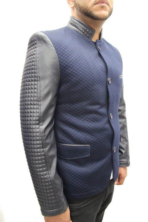 "Moein" Navy Blue Blazer With Leather Details On Sleeve And Collar