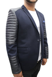 "Black Cats" Navy Blazer With Leather Details On Shoulder And Sleeve