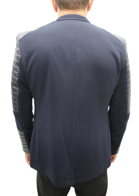 "Black Cats" Navy Blazer With Leather Details On Shoulder And Sleeve