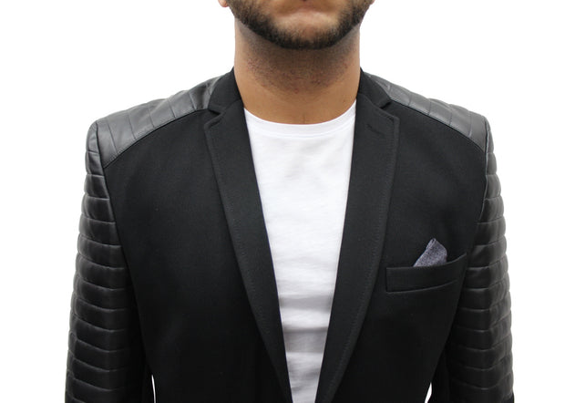"Black Cats" Black Blazer With Leather Details On Shoulder And Sleeve