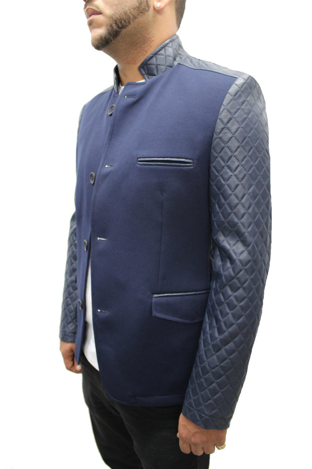 "Mahyar" Navy Blazer With Leather Details On Shoulder And Sleeve