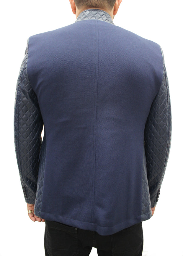 "Mahyar" Navy Blazer With Leather Details On Shoulder And Sleeve