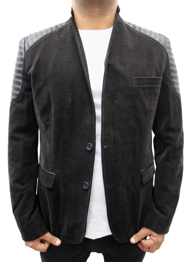 [Javid] Black Blazer With Leather Details On Shoulders