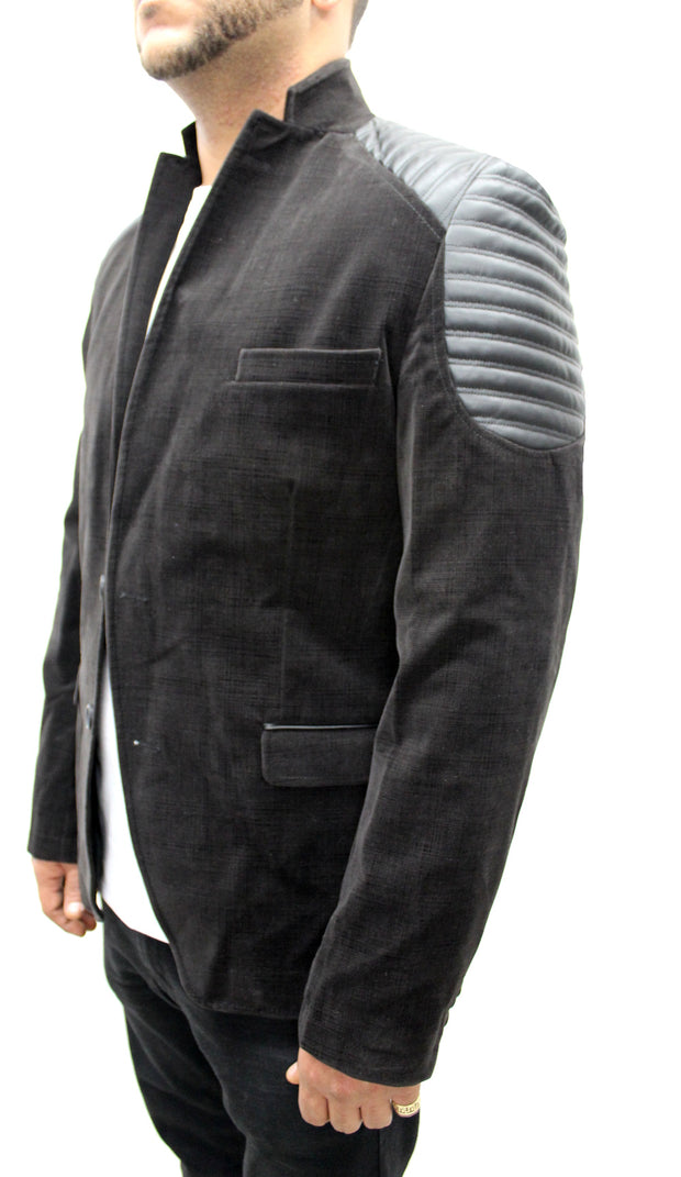 "Javid" Black Blazer With Leather Details On Shoulders