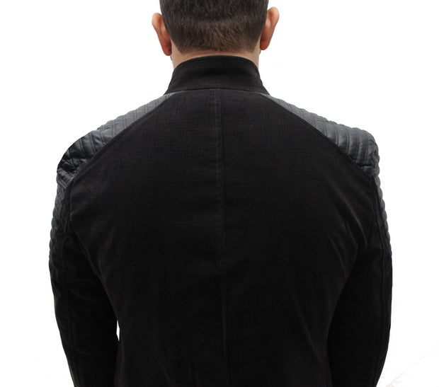 [Javid] Black Blazer With Leather Details On Shoulders