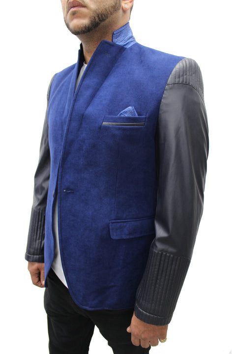 "Vegas" Sax Blue Blazer With Leather Details On Sleeve