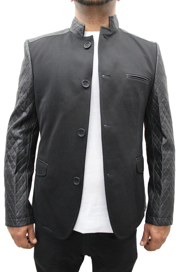 "Mahyar" Black Blazer With Leather Details On Shoulder And Sleeve