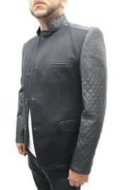 "Mahyar" Black Blazer With Leather Details On Shoulder And Sleeve