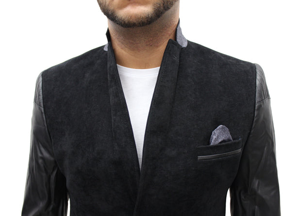 "Vegas" Black Blazer With Leather Details On Sleeve