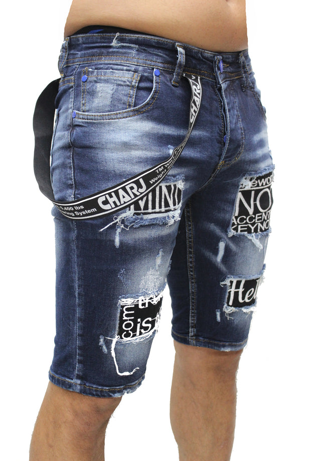 Dark Blue Jean Shorts With Patches and Suspender on Side