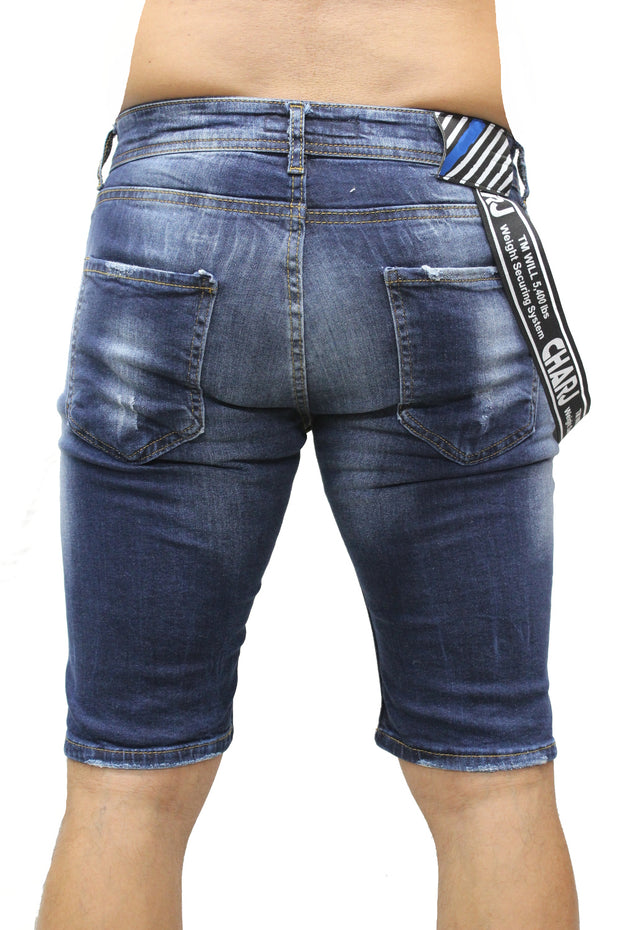 Dark Blue Jean Shorts With Patches and Suspender on Side