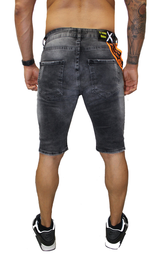 Black Washed Distress Denim Shorts With Side Suspenders