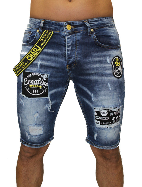 Blue Washed Distress Denim Shorts With Side Suspenders