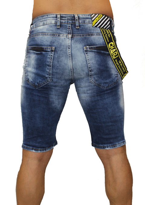 Blue Washed Distress Denim Shorts With Side Suspenders