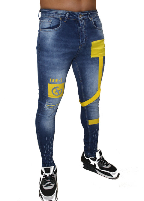 Blue Wash Jeans With Distress & Yellow Strap