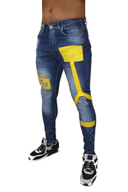 Blue Wash Jeans With Distress & Yellow Strap