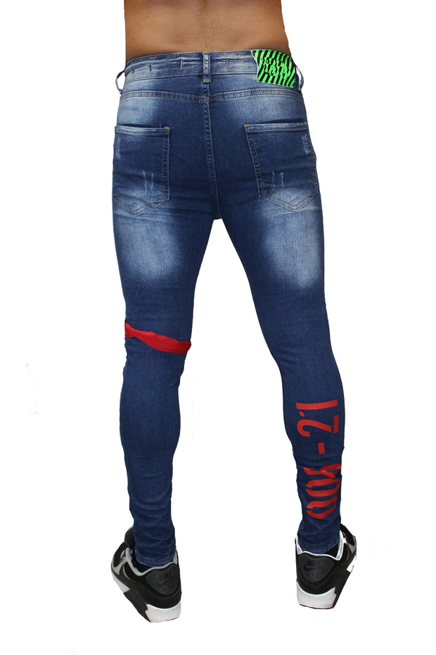 Blue Wash Jeans With Distress & Strap