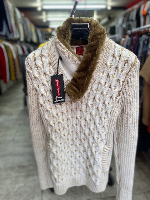"Swag" Beige Wool Shall Sweater With Fur with Leather Wood Buttons