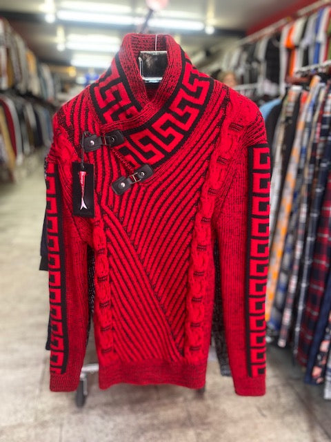 Red Long Sleeve Sweater Pull Over with Buckle On Neck