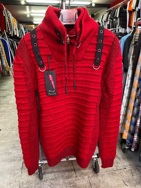 Red Fashion Long Sleeve Sweater Pull Over with Double Zip and Buckle On Neck