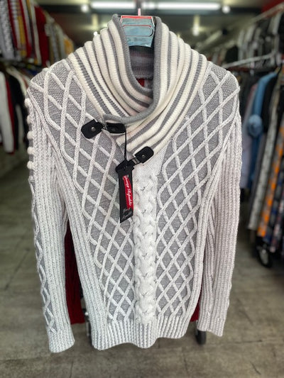 White Shawl-Collar Sweater Pull Over with Double Buckle On Neck