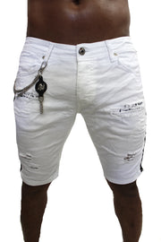 King White Denim Shorts With Side Stripe And Removable Chain