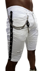 King White Denim Shorts With Side Stripe And Removable Chain
