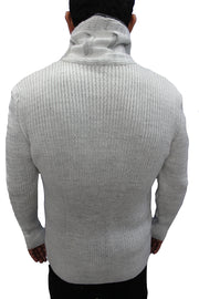 "Omnia" Light Grey Shawl Zip Up Collar Sweater With Leather Button Mock
