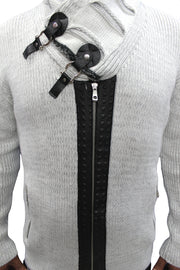 "Omnia" Light Grey Shawl Zip Up Collar Sweater With Leather Button Mock