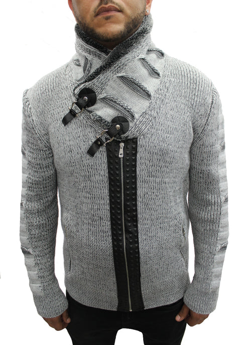 "Omnia" Charcoal Grey Shawl Zip Up Collar Sweater With Leather Button Mock