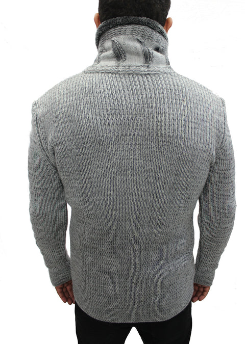 "Omnia" Charcoal Grey Shawl Zip Up Collar Sweater With Leather Button Mock