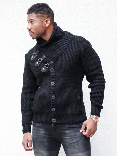 "Liam" Black Shawl Collar Button Down Sweater