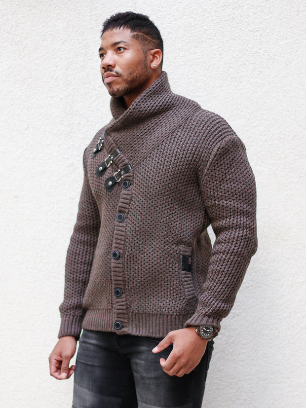 "Liam" Mahogany Shawl Collar Button Sweater