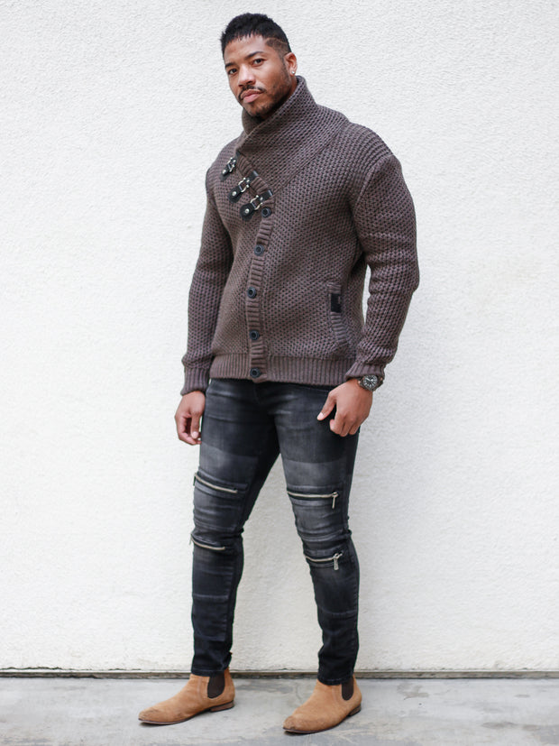 "Liam" Mahogany Shawl Collar Button Sweater